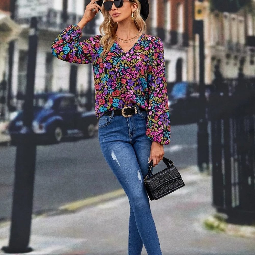 Multicolor Preppy Womens Allover Floral Print Lantern Sleeve Blouse - Picture 4 of 5